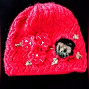 Red Knit Beanie with Floral & Faux Fur Pom Accent